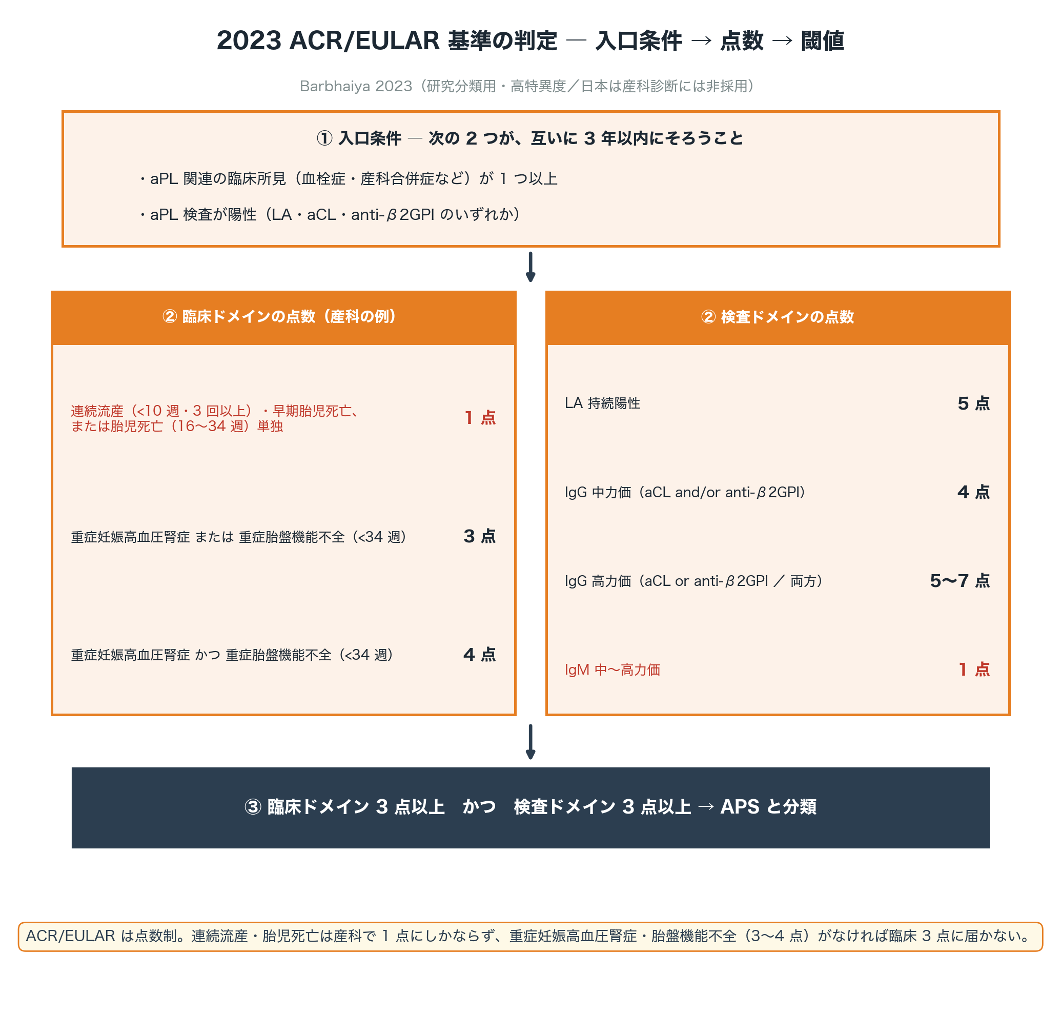 図3 2023 ACR/EULAR 基準の判定。入口条件（aPL 関連の臨床所見＋3 年以内の aPL 陽性）を満たした